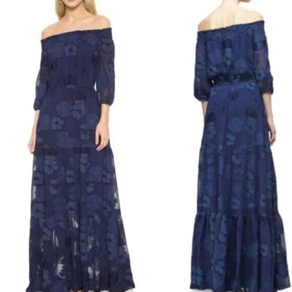 Shoshanna Dresses & Skirts - Shoshanna midnight navy blue floral embossed off shoulder maxi dress Prom‎ 4